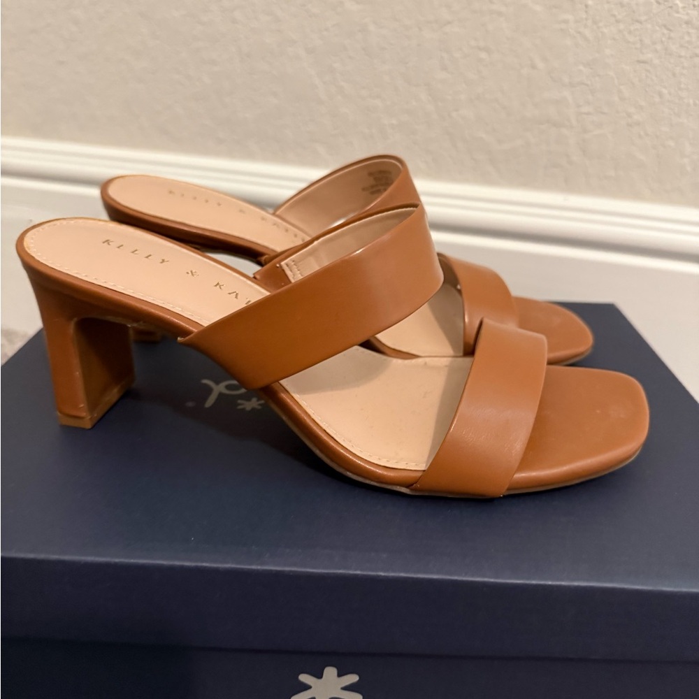 Kelly & Katie Cognac Double-Band Block Heel Slides